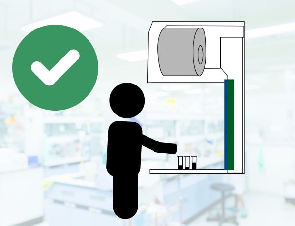 Correct position when working in the Laminar Flow Cabinet Correct position when working in the Laminar Flow Cabinet