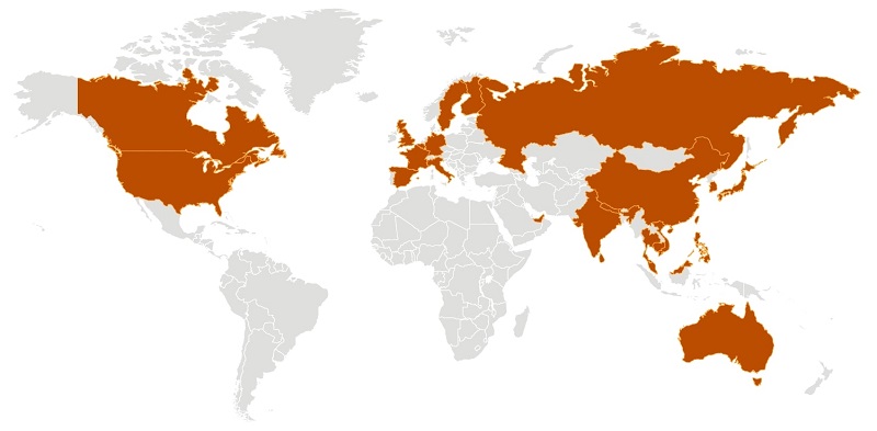 Map showing the presence of COVID-19 worldwide