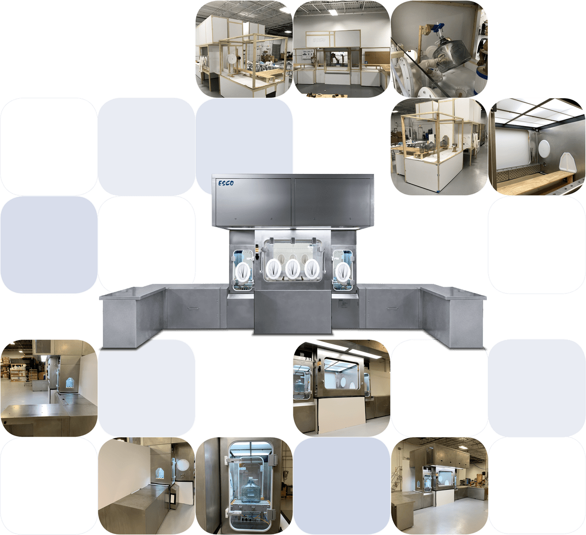 Different stages of equipment development from ergonomic trials to final product.